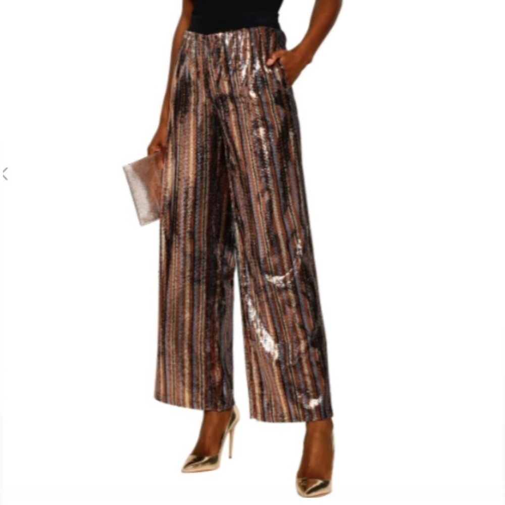 ROBERT RODRIGUEZ Sequins Wide Leg Pant in Chestnut Stripe Size Small NEW